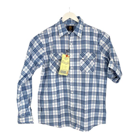 SWISS CROSS Men L‎ Blue Plaid Cotton Blend Button Up Long Sleeve Shirt NWT - Picture 1 of 7